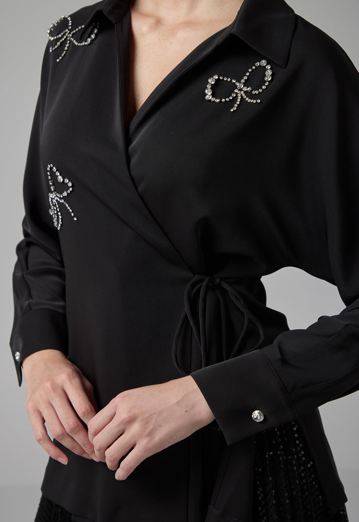 Choice Crystal Embellished Wrap Kimono Black