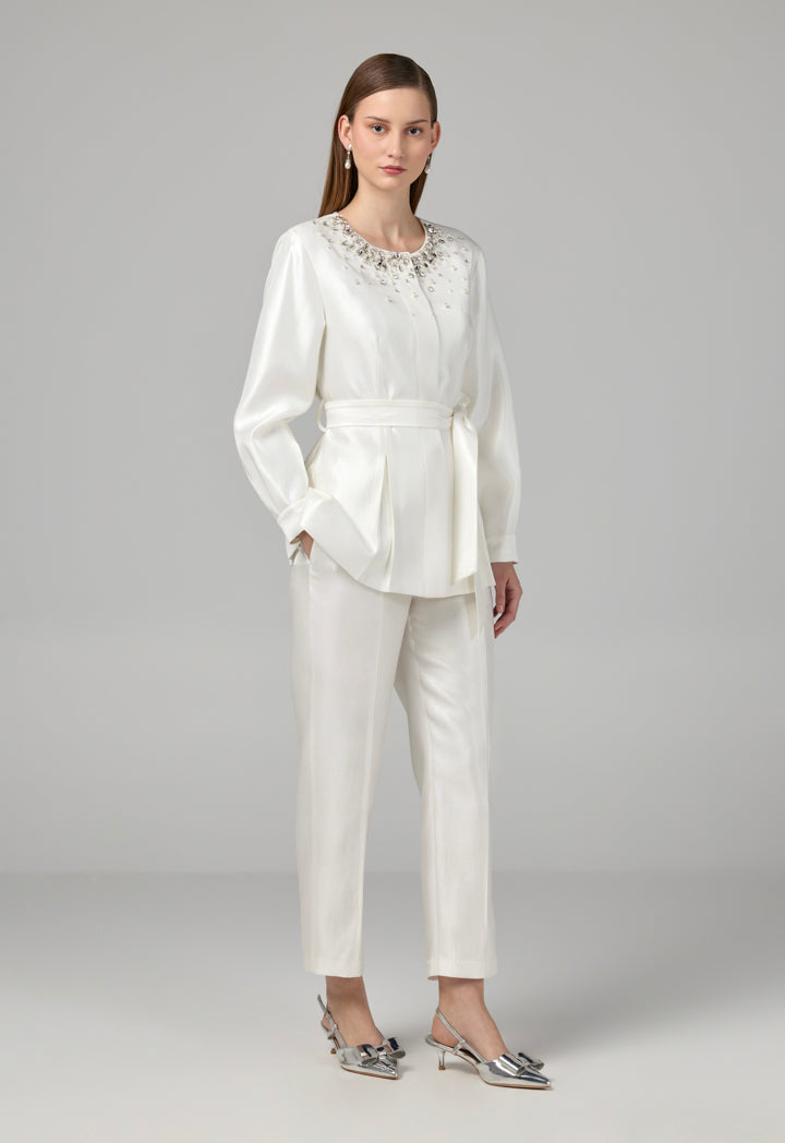Choice Crystal Embellished Belted Jacket Off White