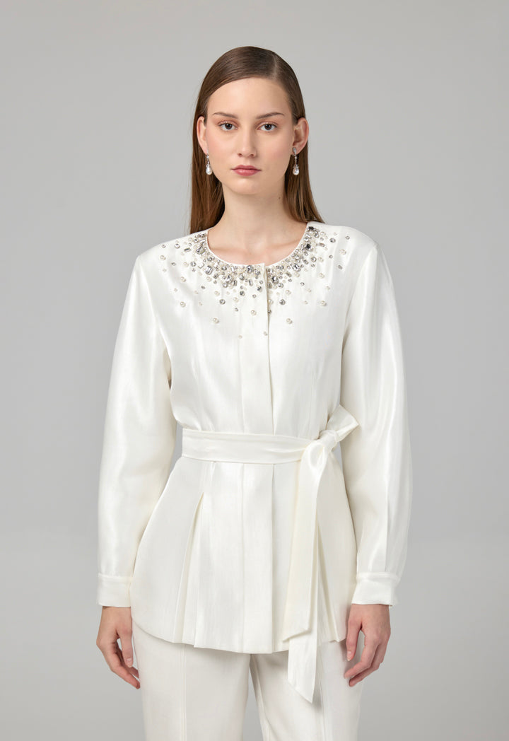 Choice Crystal Embellished Belted Jacket Off White