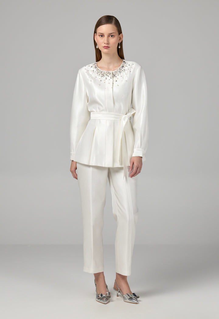 Choice Crystal Embellished Belted Jacket Off White