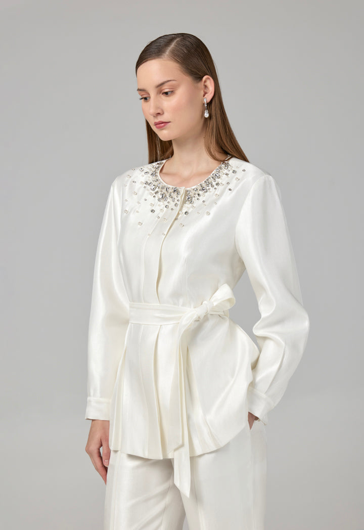Choice Crystal Embellished Belted Jacket Off White