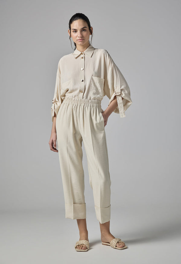 Choice Folded Hem Solid Trouser Beige