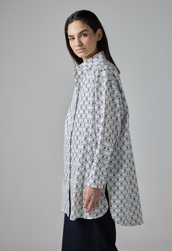 Choice Monogram Print Flared Long Shirt Navy-White