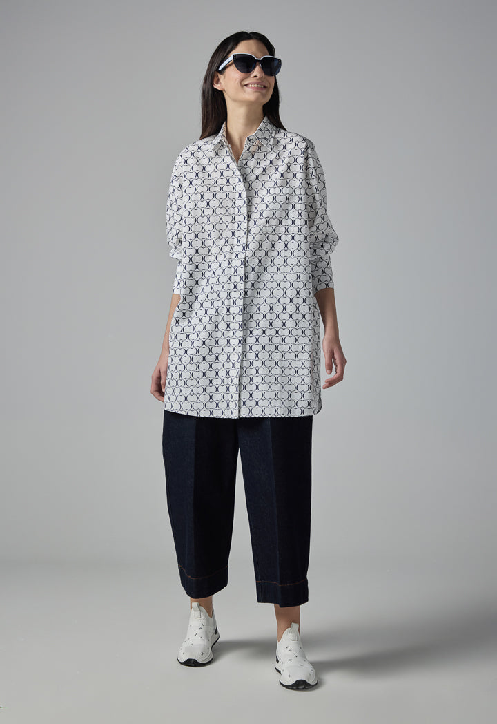 Choice Monogram Print Flared Long Shirt Navy-White