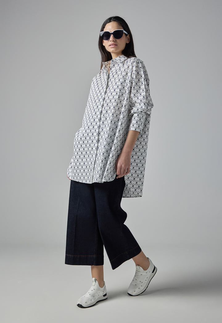 Choice Monogram Print Flared Long Shirt Navy-White