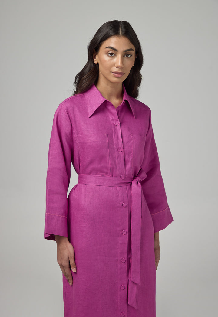 Choice Solid Linen Shirt Dress Purple