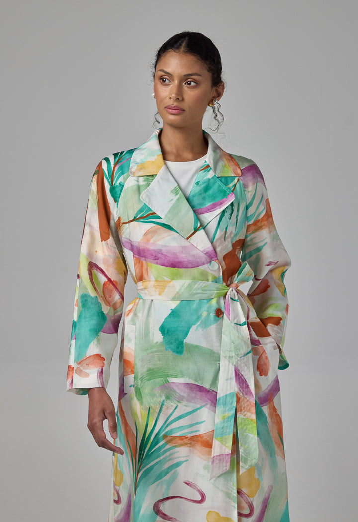 Choice Notched Collar Printed Coat Multi Color