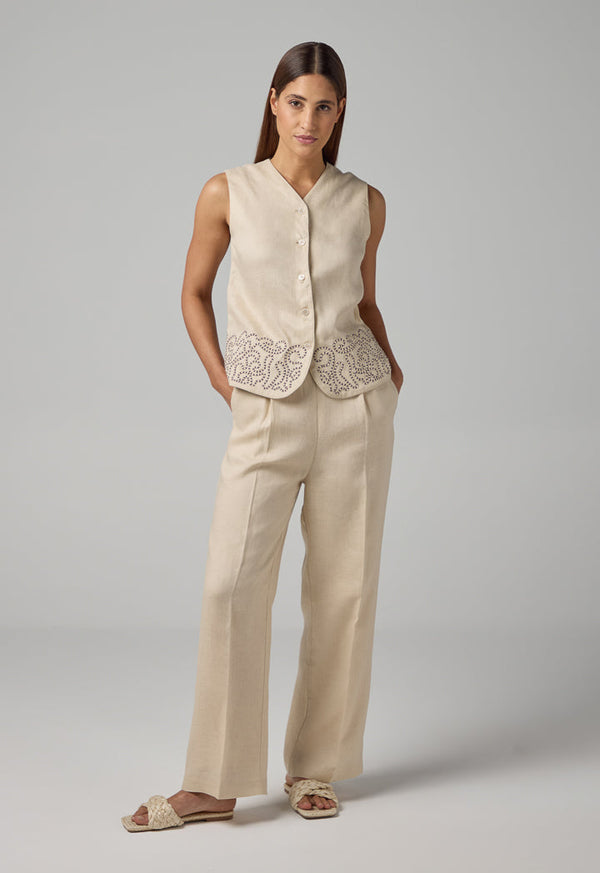 Choice Embroidered Sleeveless Gilet Beige