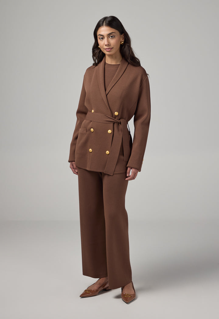 Choice Front Pockets Knitted Belted Jacket Brown
