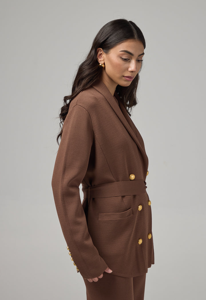 Choice Front Pockets Knitted Belted Jacket Brown