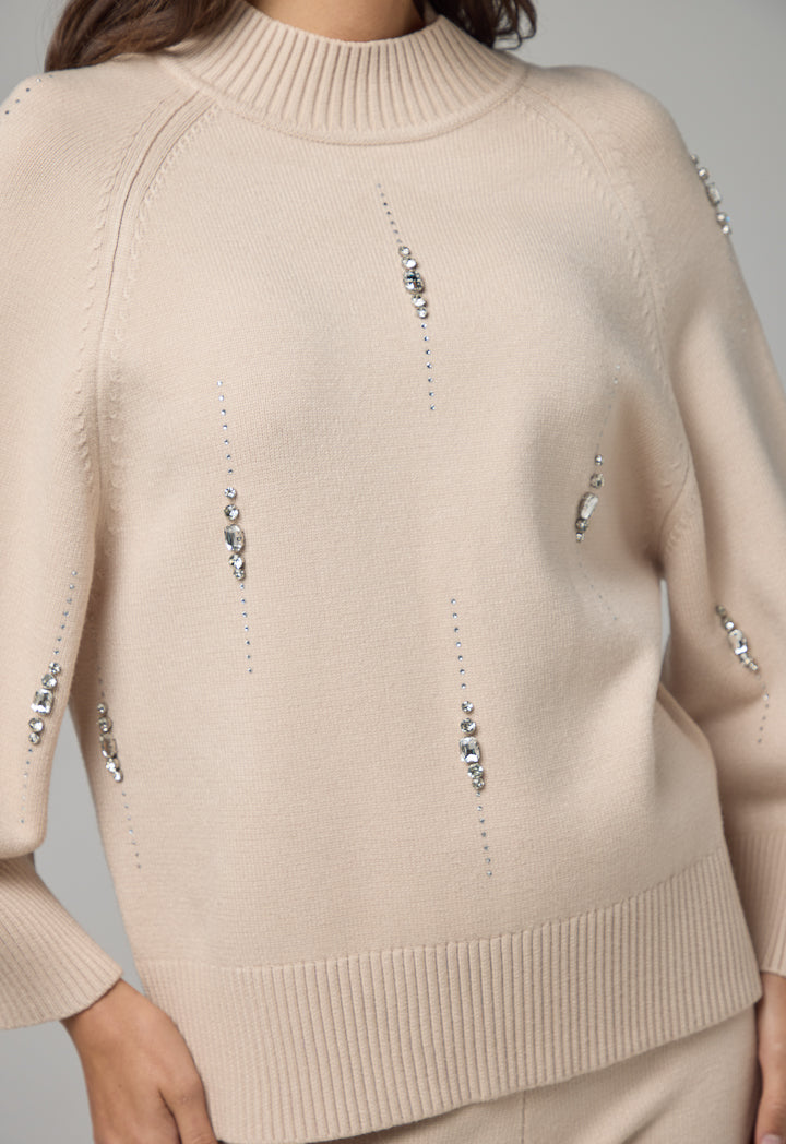 Choice Crystal Embellished Knitted Sweater Beige