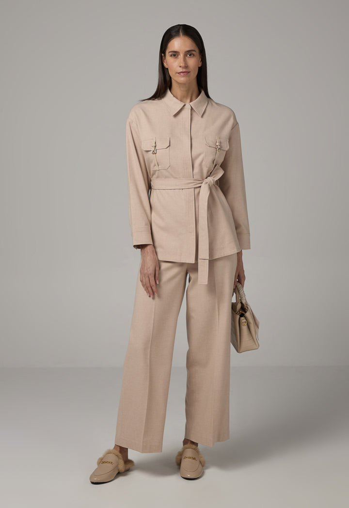 Choice Solid Front Pockets Belted Shirt Beige