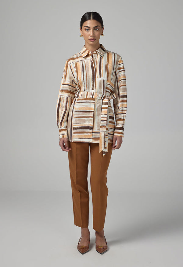 Choice Long Sleeve Belted Printed Shirt Multi Color