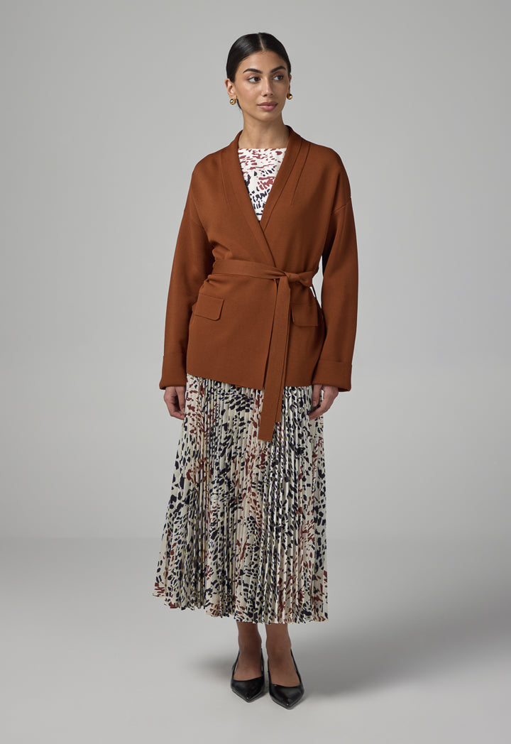 Choice Solid Knitted Belted Cardigan Brown