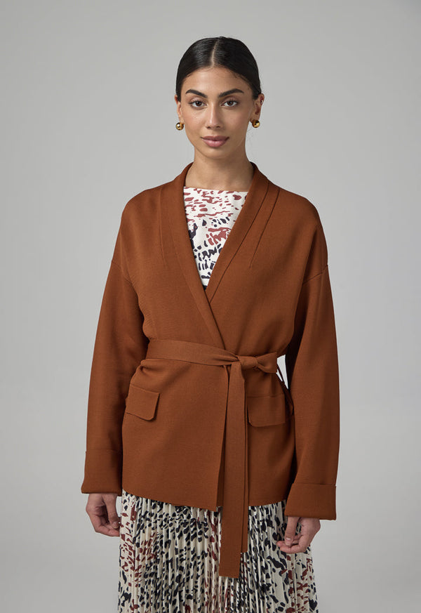 Choice Solid Knitted Belted Cardigan Brown