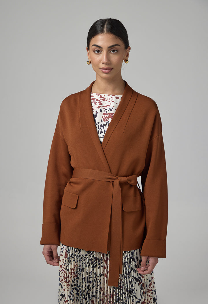 Choice Solid Knitted Belted Cardigan Brown