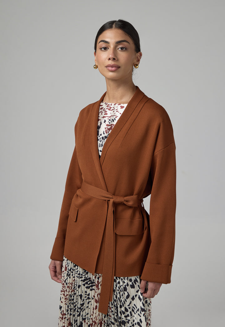 Choice Solid Knitted Belted Cardigan Brown