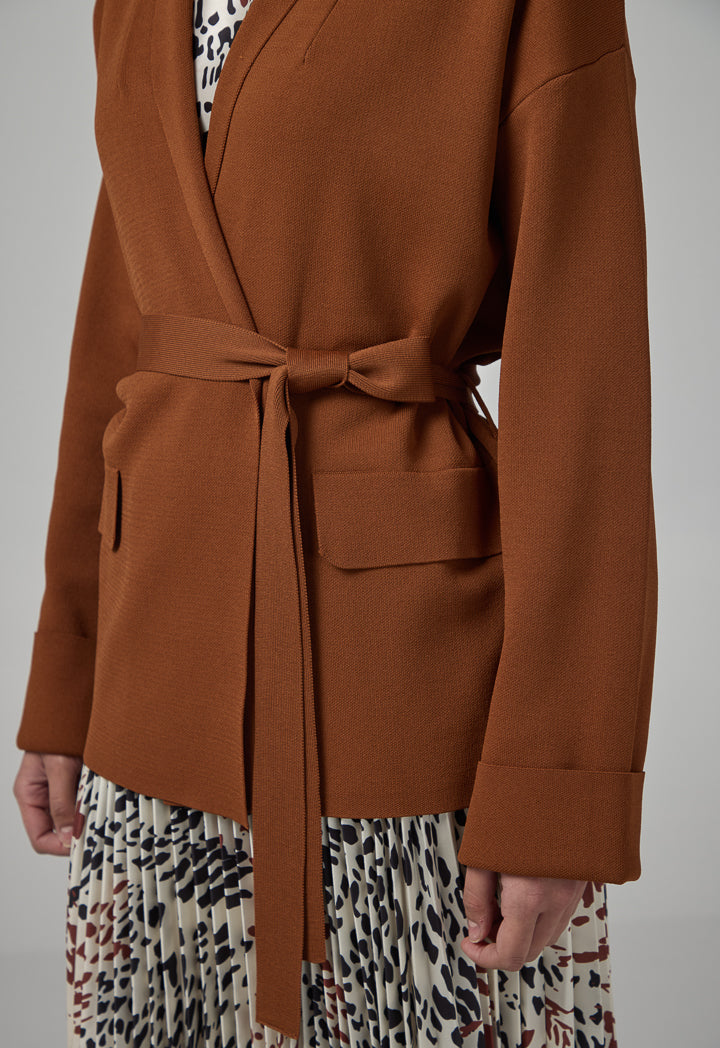 Choice Solid Knitted Belted Cardigan Brown
