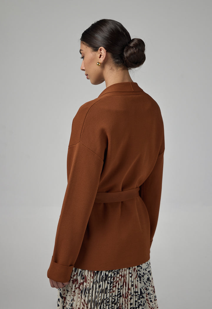 Choice Solid Knitted Belted Cardigan Brown