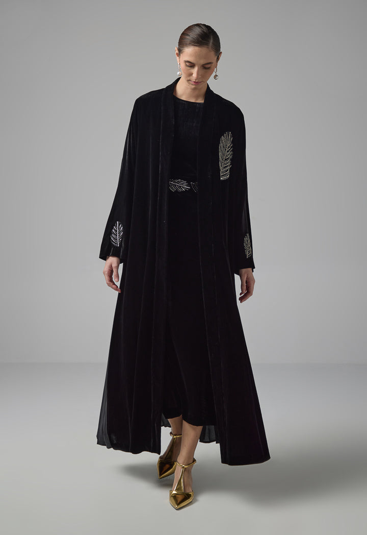 Choice Bead Embellished Pleated Velvet Abaya Black