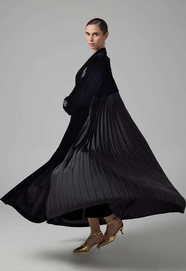 Choice Bead Embellished Pleated Velvet Abaya Black