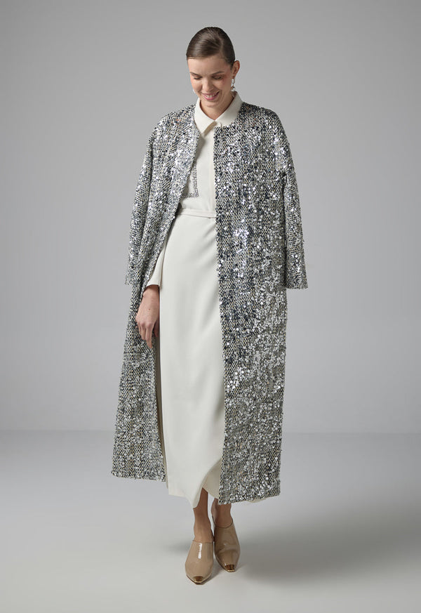 Choice Sequin Embellished Tweed Coat Grey