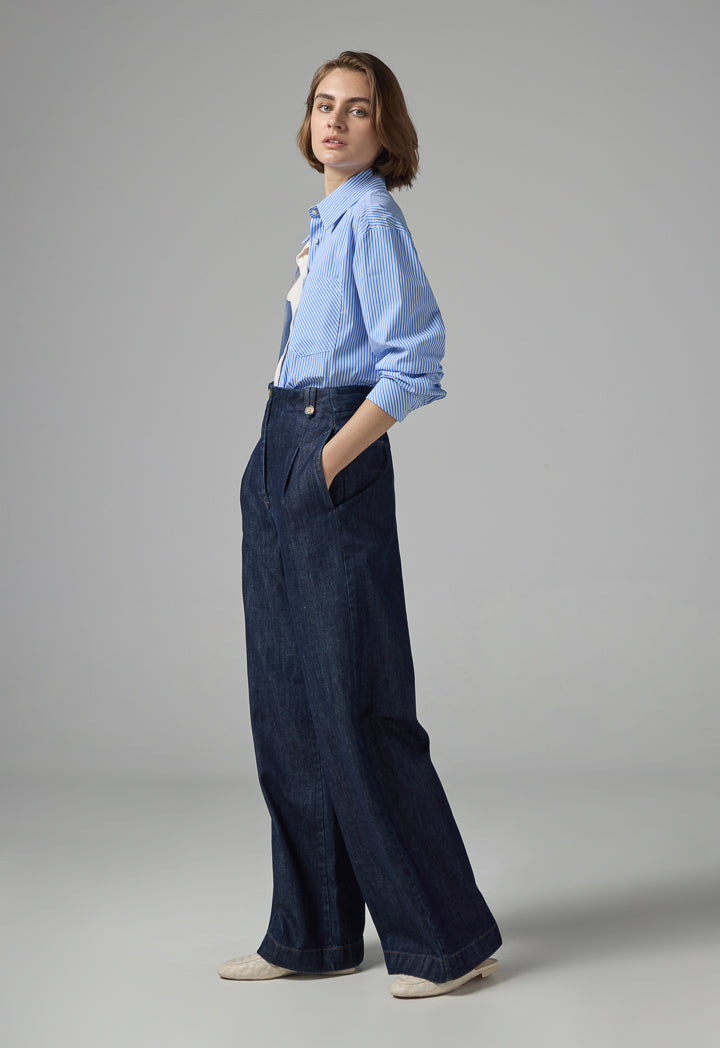 Choice Floral Print Wide Leg Denim Trousers Indigo