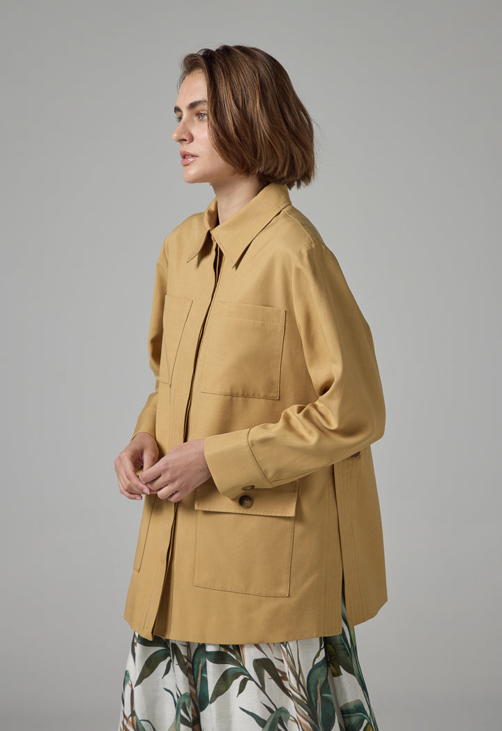 Choice Solid Multi-Front Pockets Jacket Camel