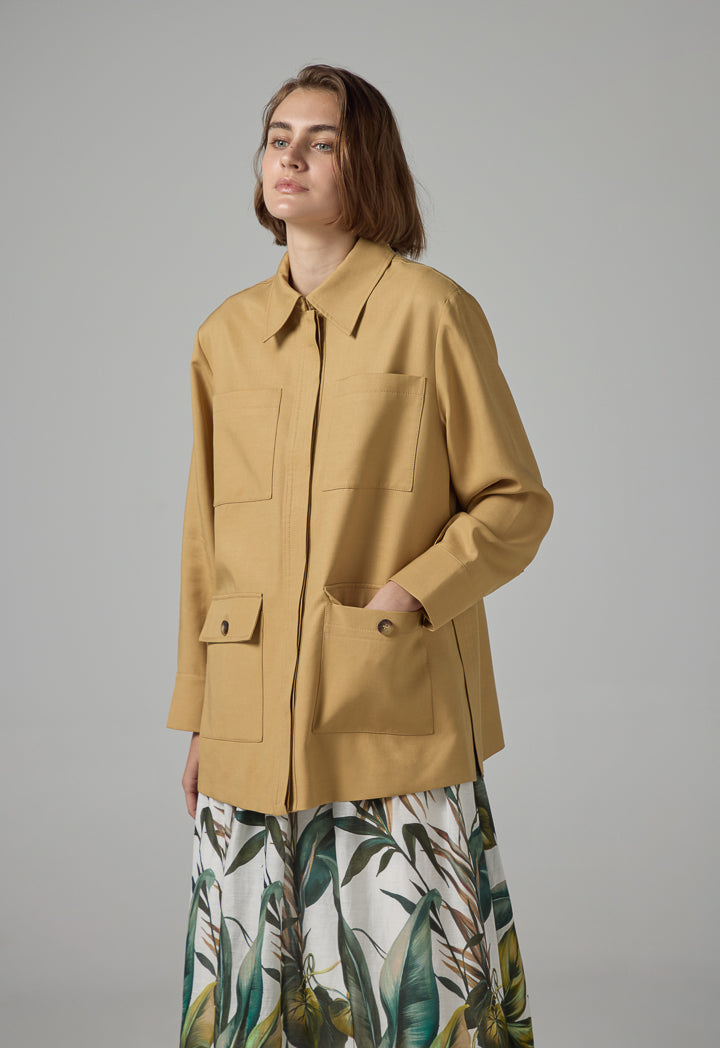 Choice Solid Multi-Front Pockets Jacket Camel