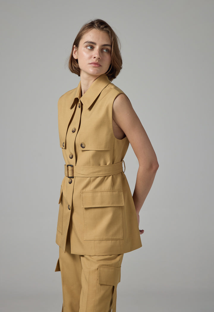 Choice Front Flap Pockets Belted Gilet Camel