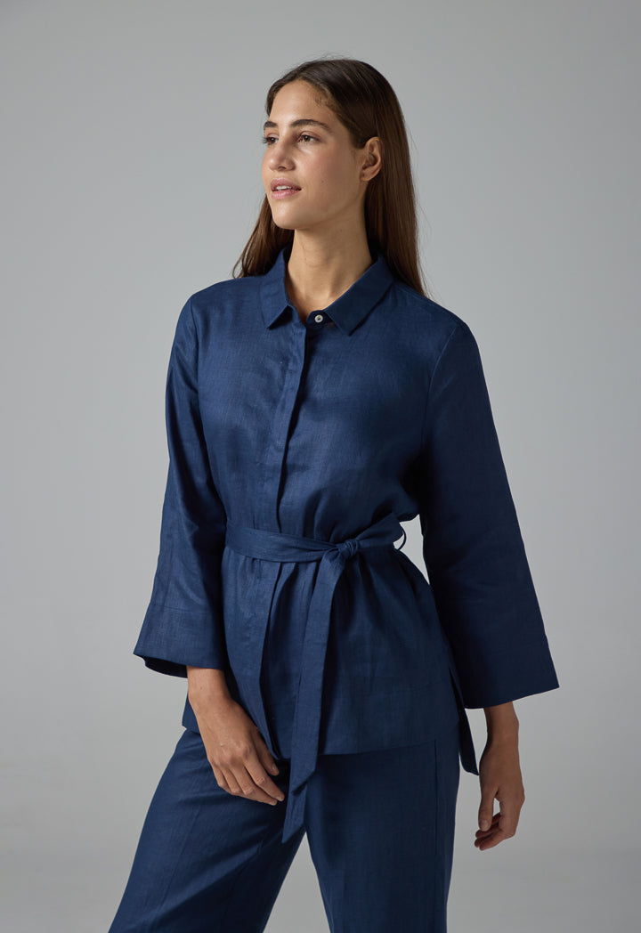 Choice Long Sleeves Basic Belted Shirt Navy