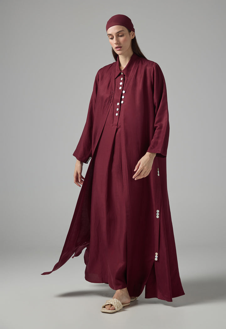 Choice Solid Oversized Maxi Belted Abaya With Hijab Burgundy