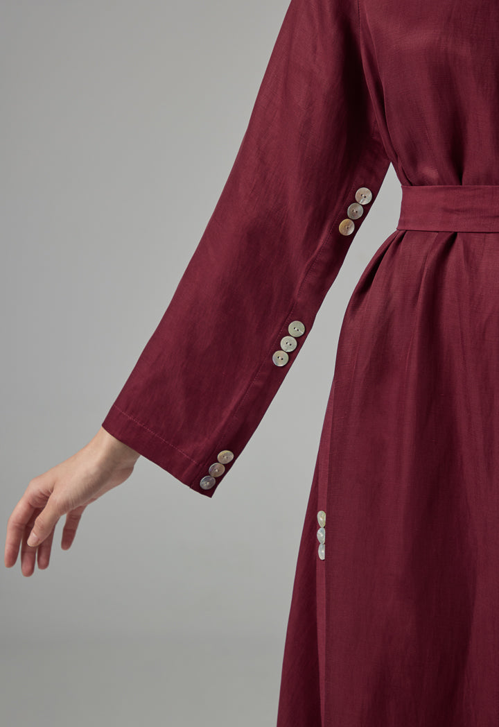 Choice Solid Oversized Maxi Belted Abaya With Hijab Burgundy