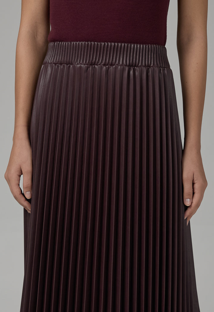 Choice Pleated Pu Leather Solid Skirt Burgundy