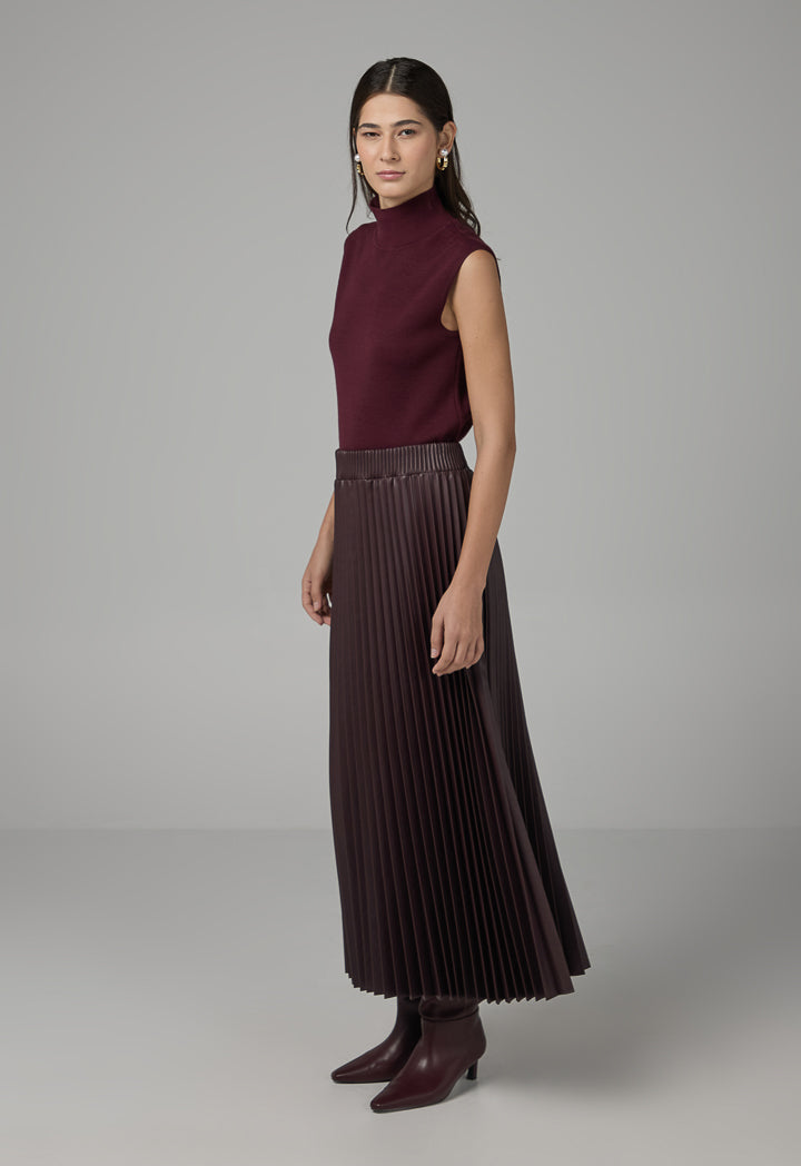 Choice Pleated Pu Leather Solid Skirt Burgundy