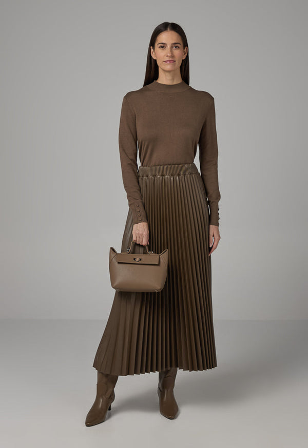 Choice Pleated Pu Leather Solid Skirt Brown