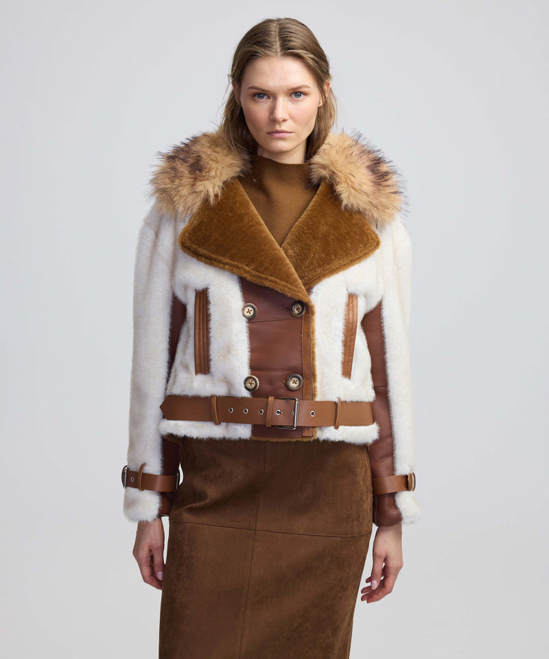 Ipekyol Colorblock Faux Fur Coat Light Brown