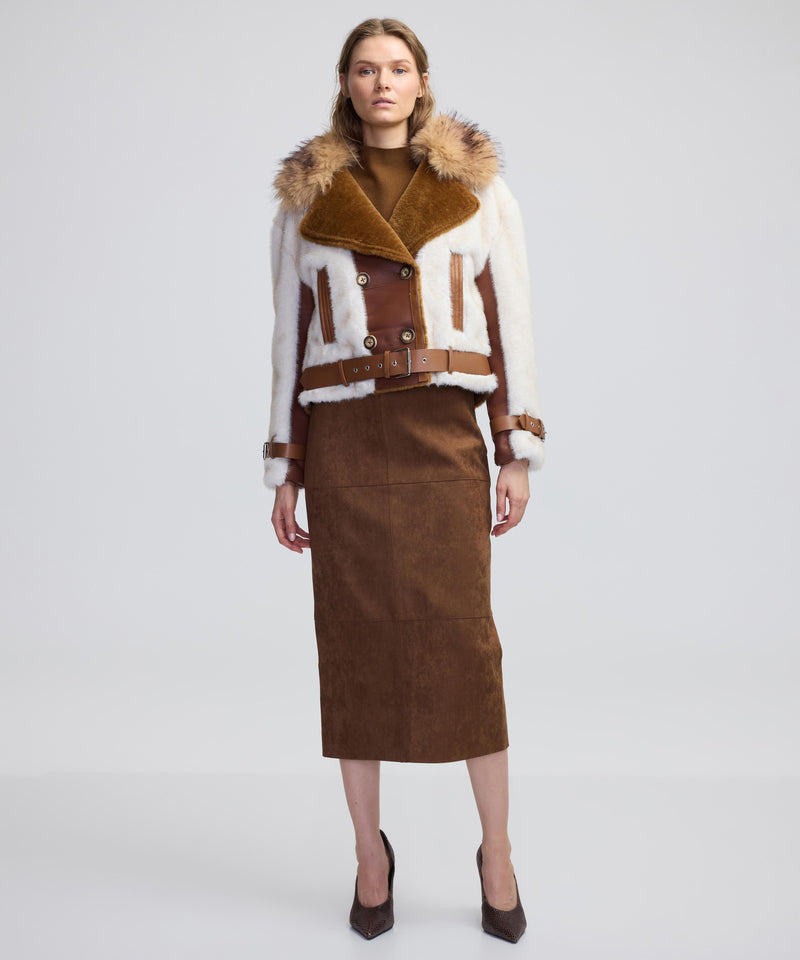 Ipekyol Colorblock Faux Fur Coat Light Brown