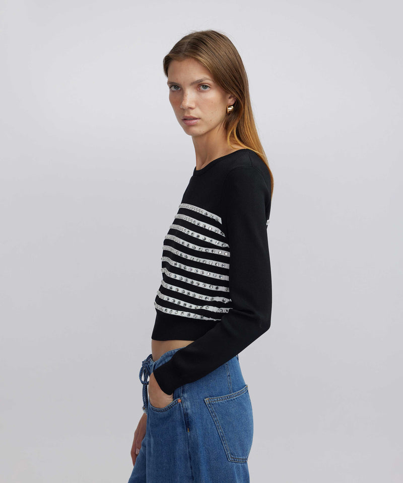 Ipekyol Crystal Stone Striped Pattern Knitwear Black