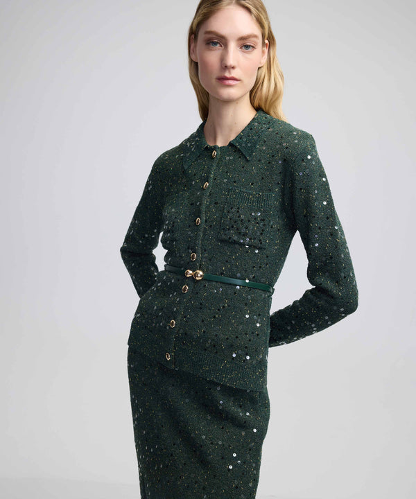 Ipekyol Sequin Embroidered Belted Knitwear Green