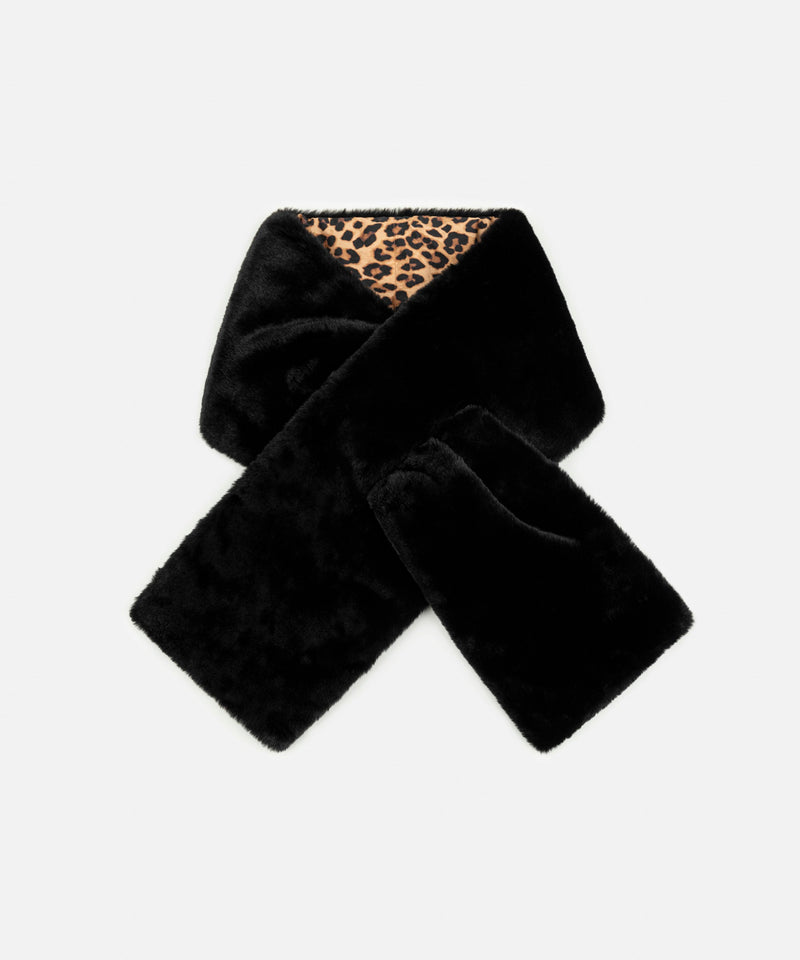 Ipekyol Faux Fur Leopard Pattern Mix Scarf Black