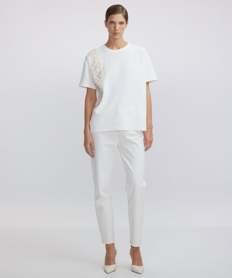 Ipekyol Fabric Mix Stone Embroidered T-Shirt Off White