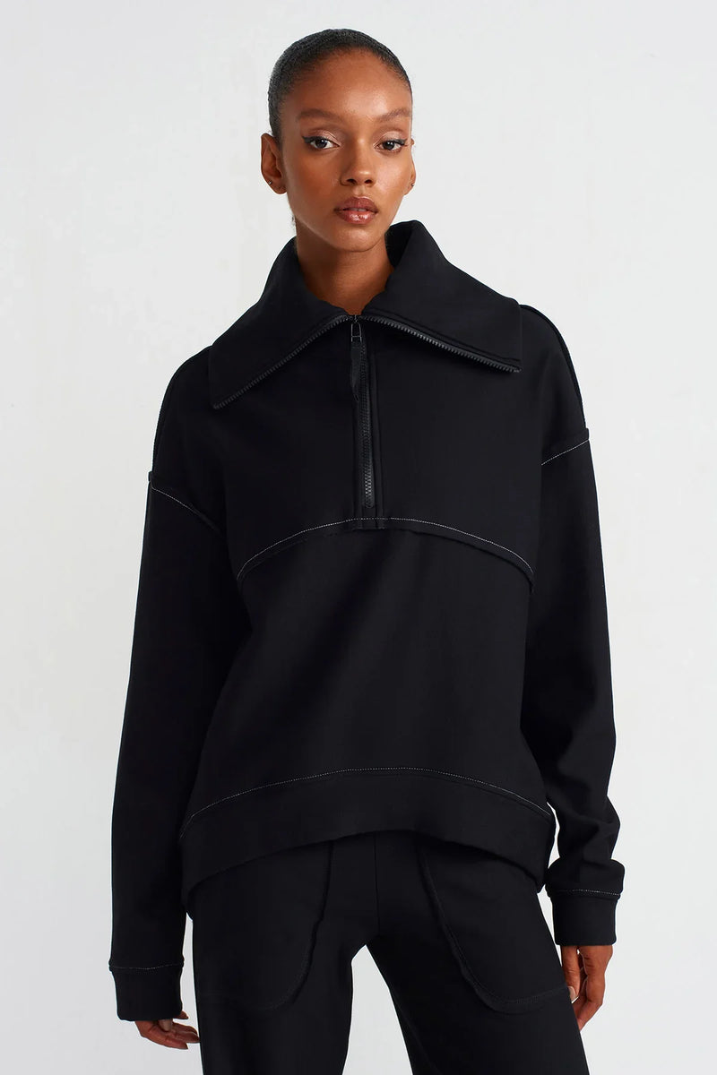 Nu Zip Neck Contrast Stitch Sweatshirt Black