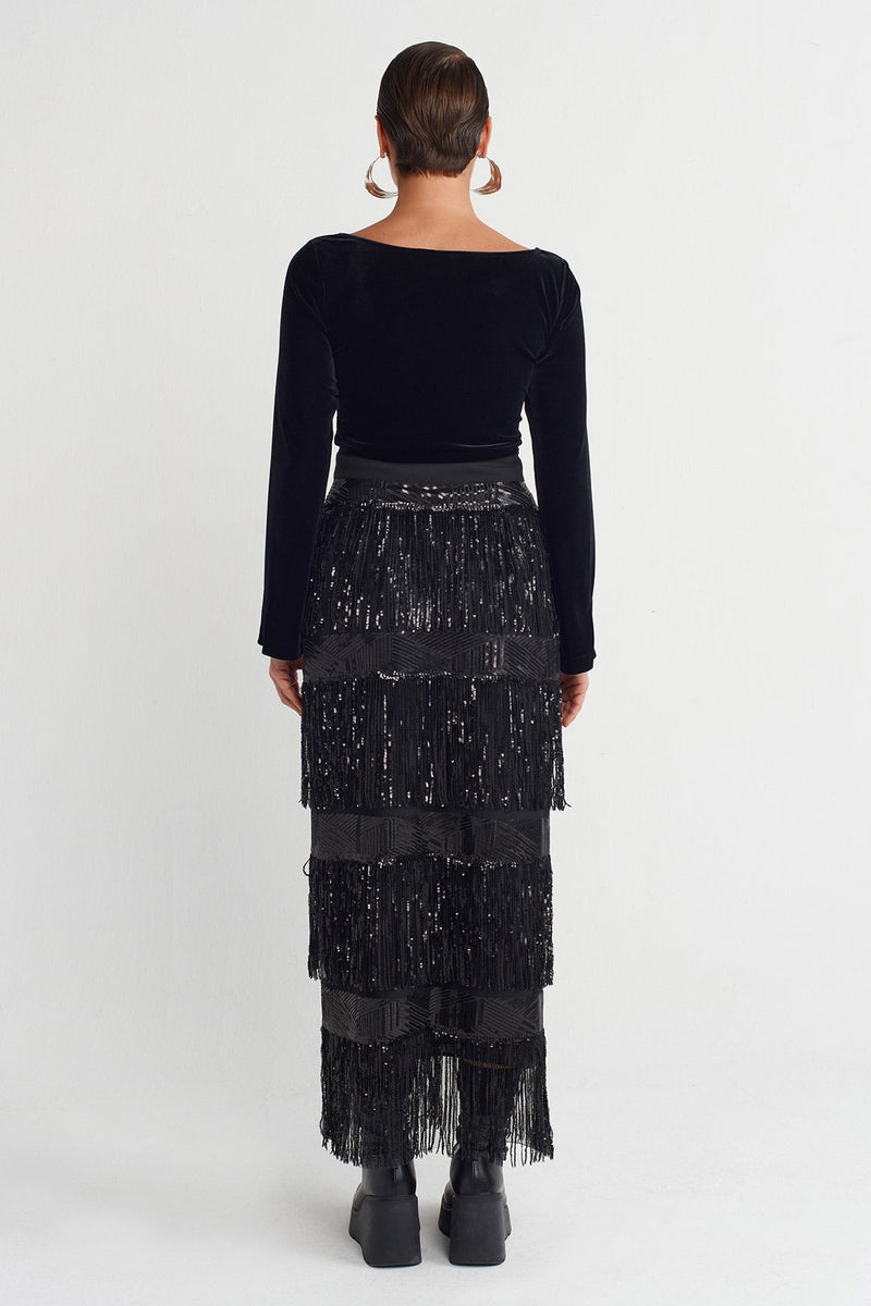 Nu Beaded Fringe Pareo Skirt Black