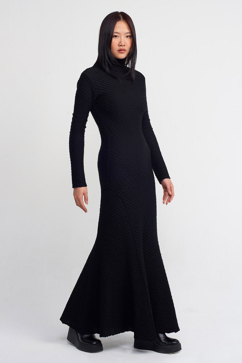 Nu Textured Fabric Slim Long Dress Black