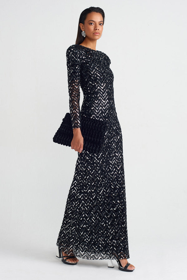 Nu Padded Shoulder Embroidered Long Dress Black