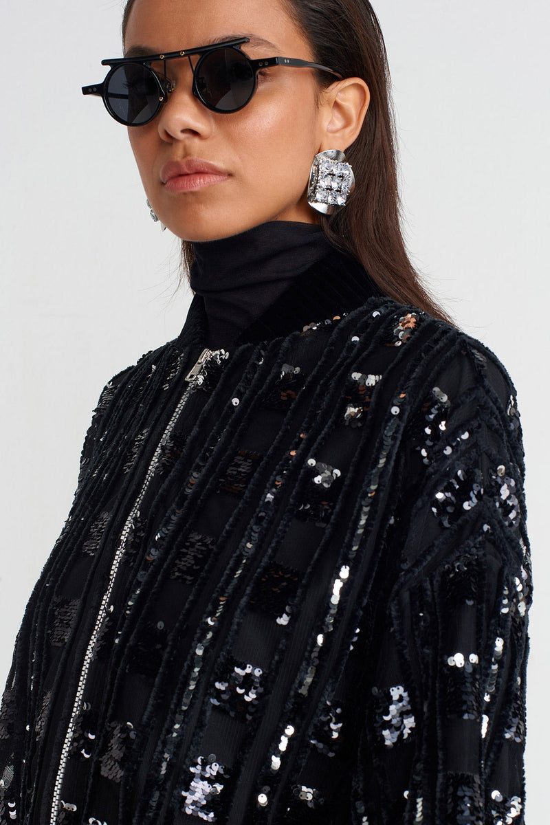 Nu Tulle Overlay Velvet Embroidered Chic Jacket Black