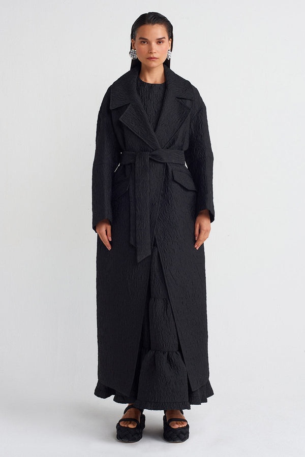 Nu Crinkle Fabric Long Coat Black