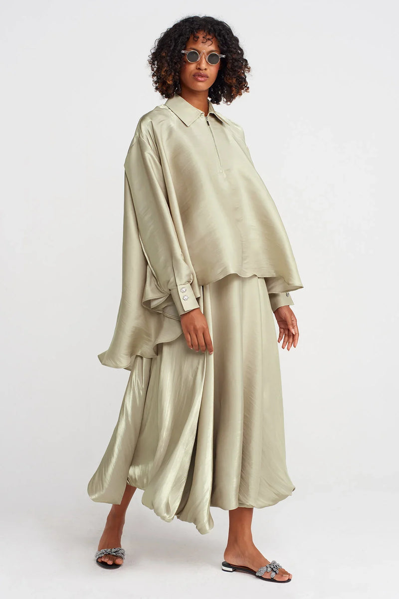 NU Zippered Shirt Collar Loose Blouse Sand