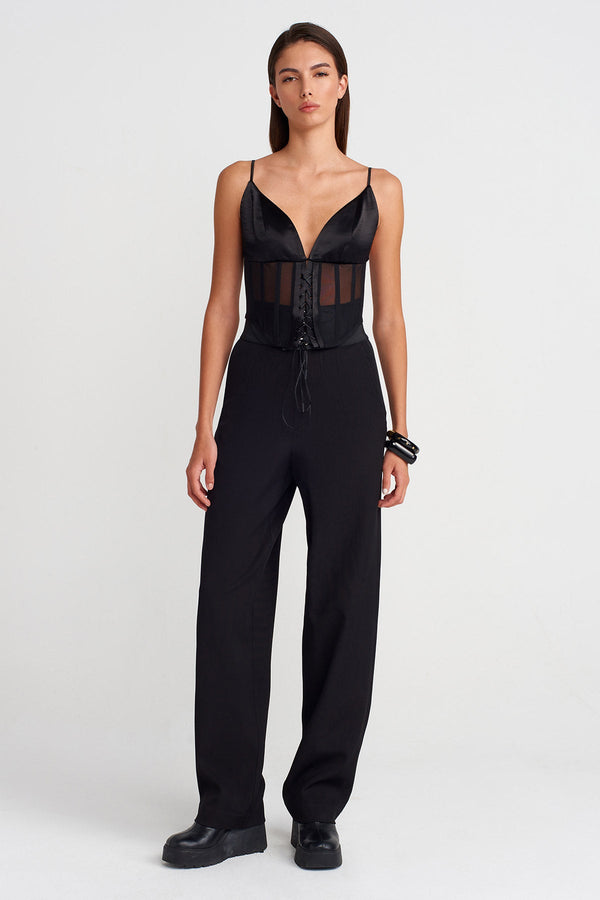 Nu Satin Bustier Detailed Sheer Corset Top Black